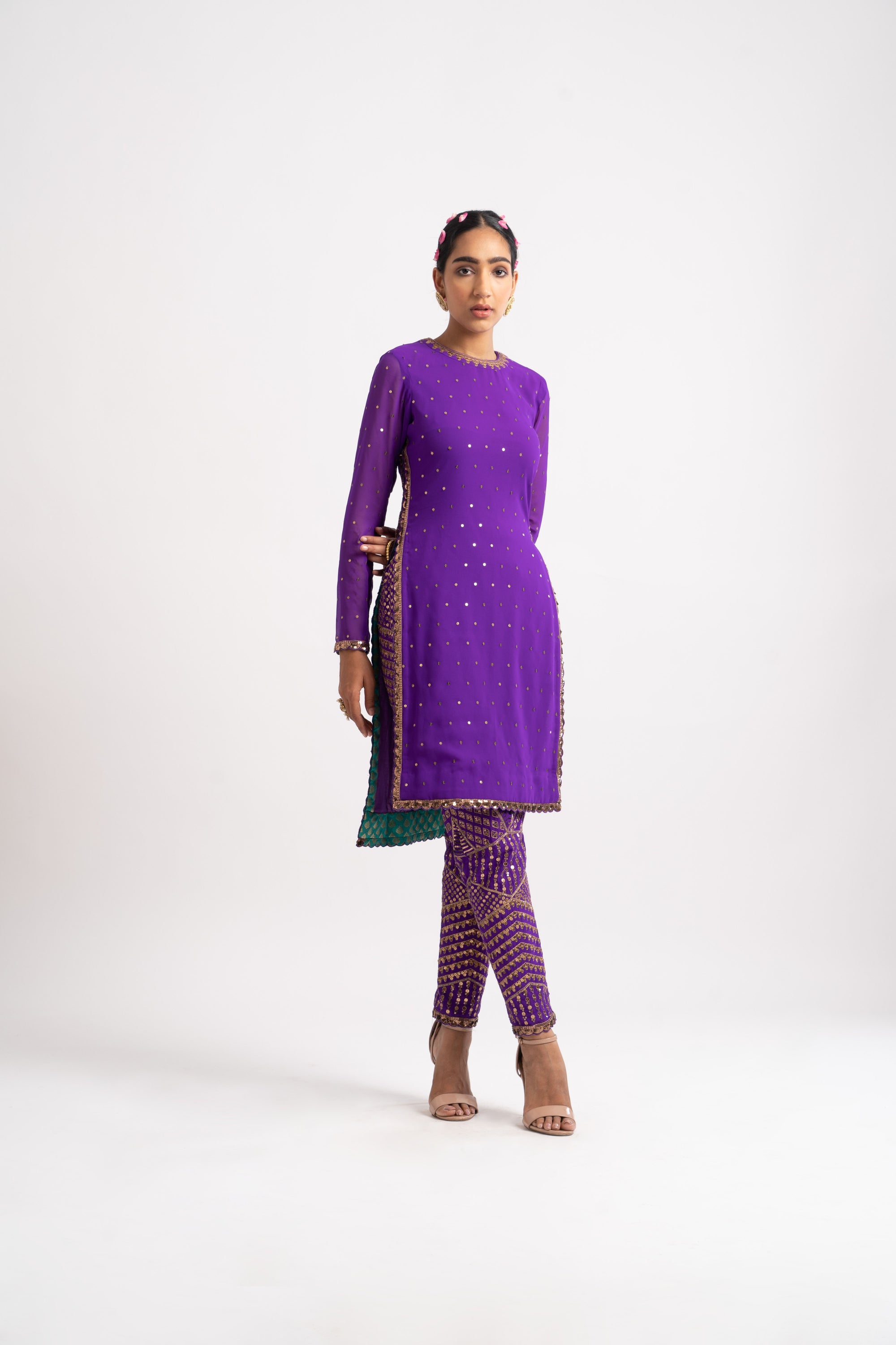 Purple Round Neck Multi Geo Pant Kurta Set