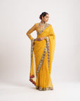 Yellow Hand Cut Mirror Border Saree Set