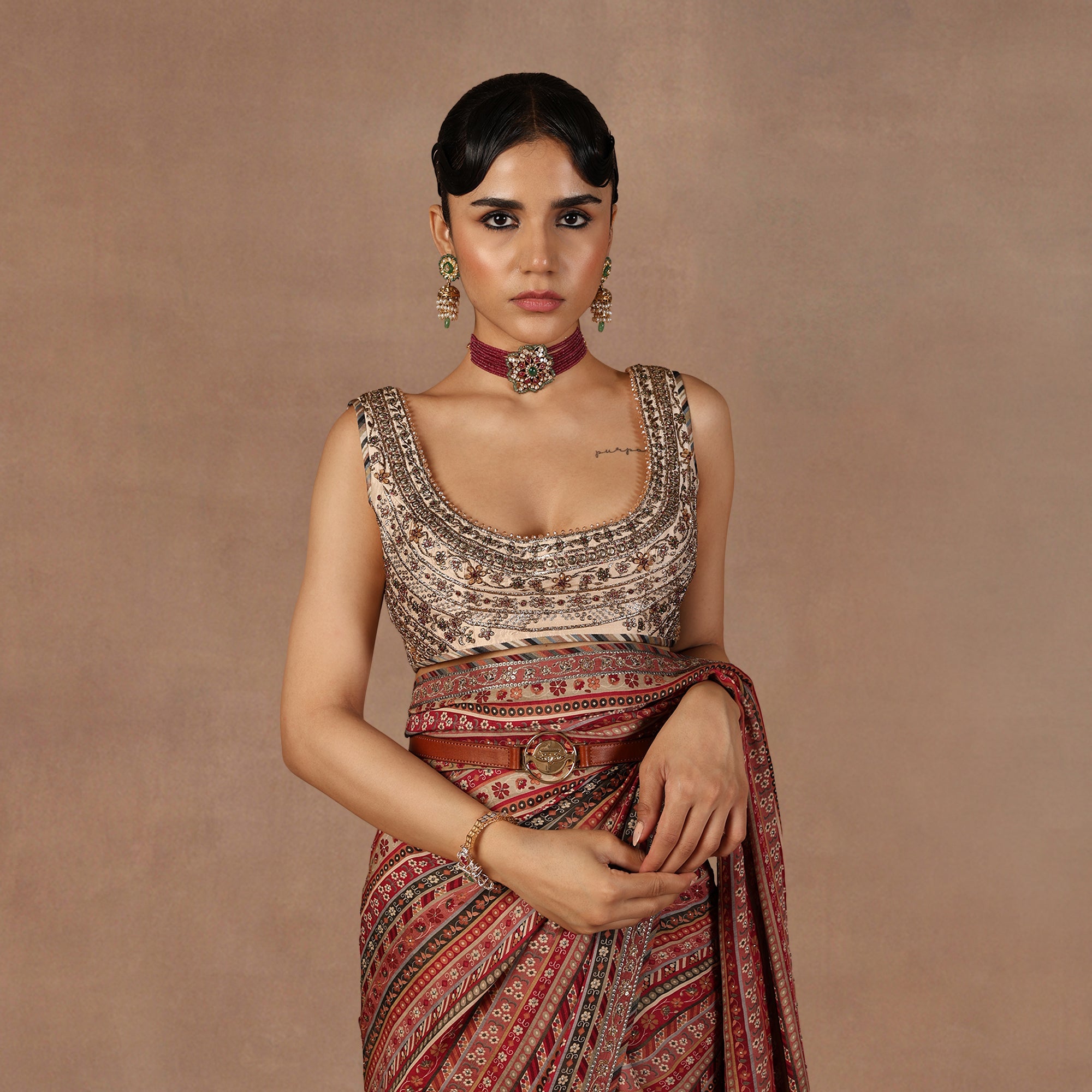 Rose Pink - Ivory Saree Set