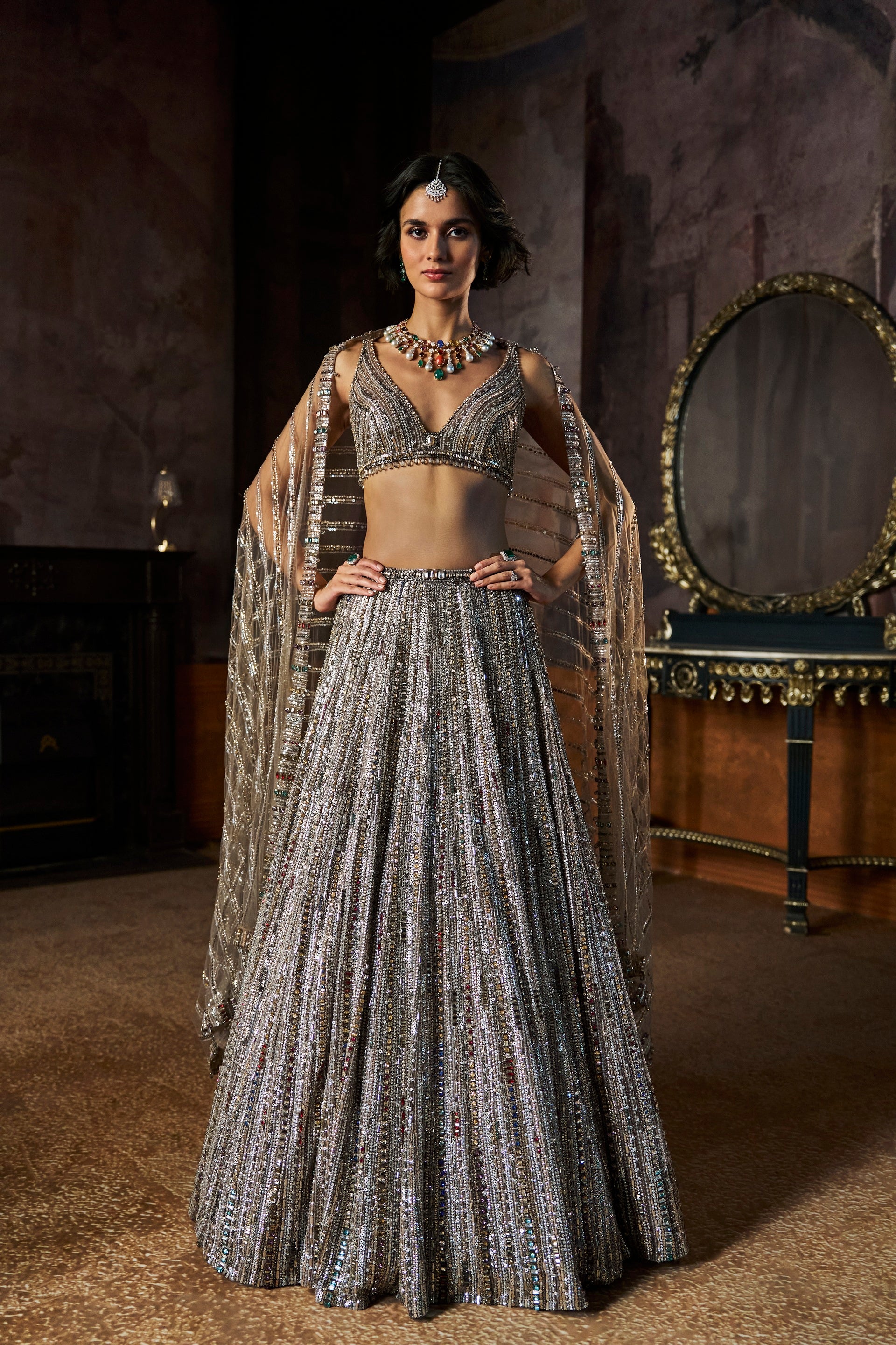 Charcoal Multi-Coloured Crystal Lehenga Set