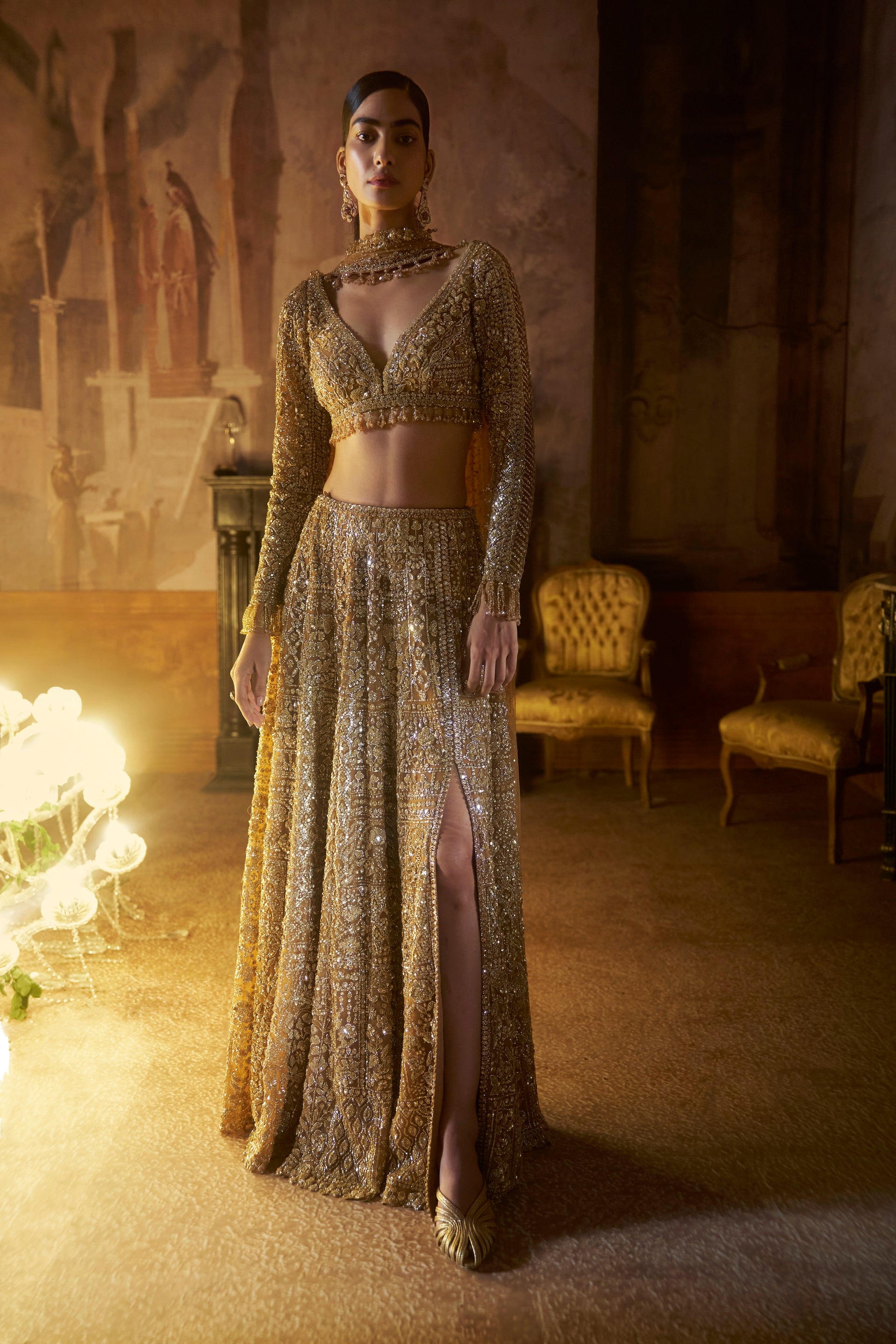 Gold Slit Skirt Set