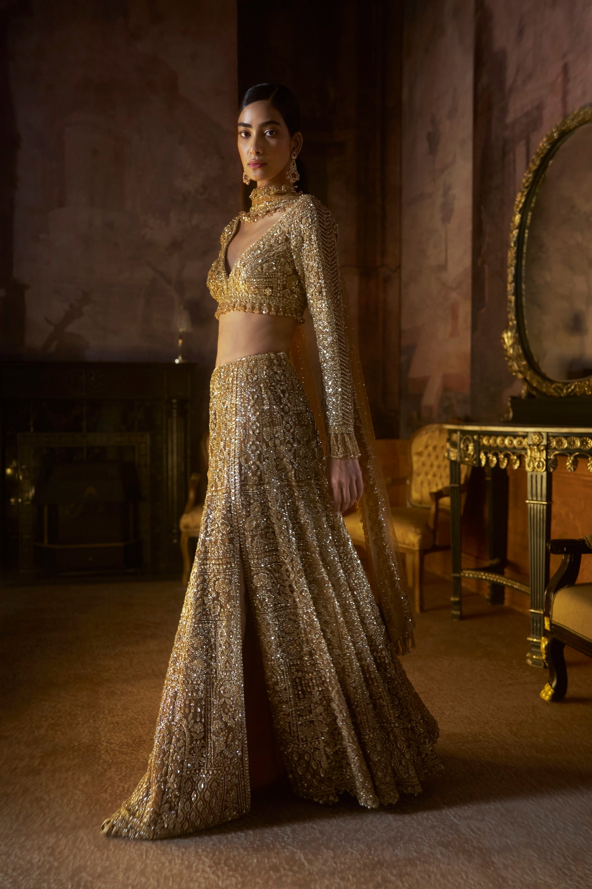 Gold Slit Skirt Set