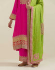 Fuschia Kurta Set With A Green Bandhani Dupatta