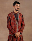 Vintage Red Jamawar Nehru Jacket Set