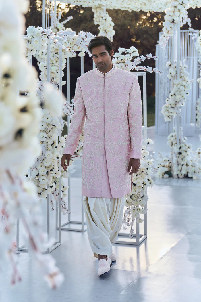 Quartz Pink Pearl Short Sherwani Set - Ready to Ship