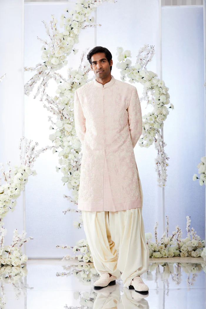 Quartz Pink Pearl Short Sherwani Set - Ready to Ship