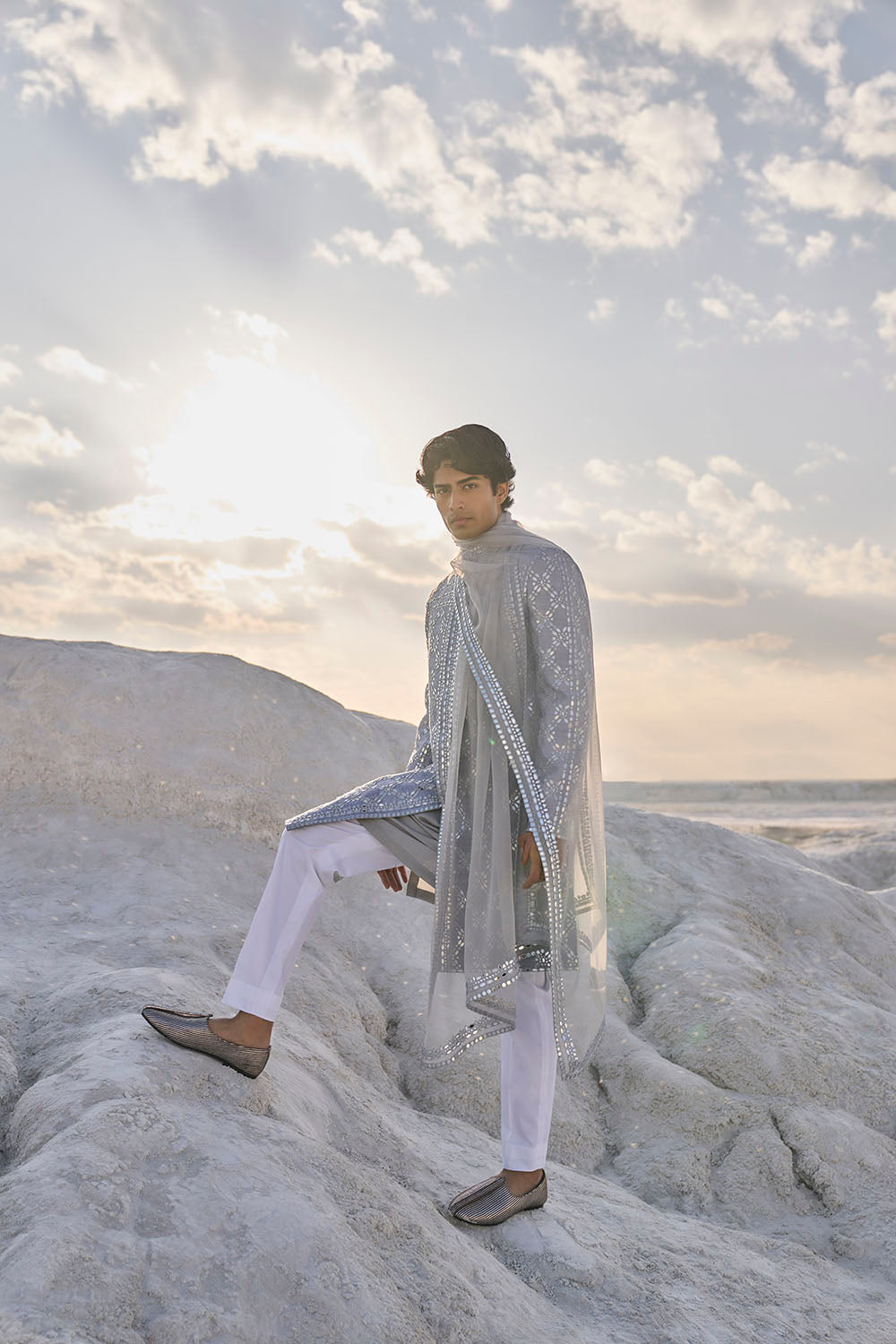 Metallic Grey Mirror Work Sherwani Set - Ready to Ship