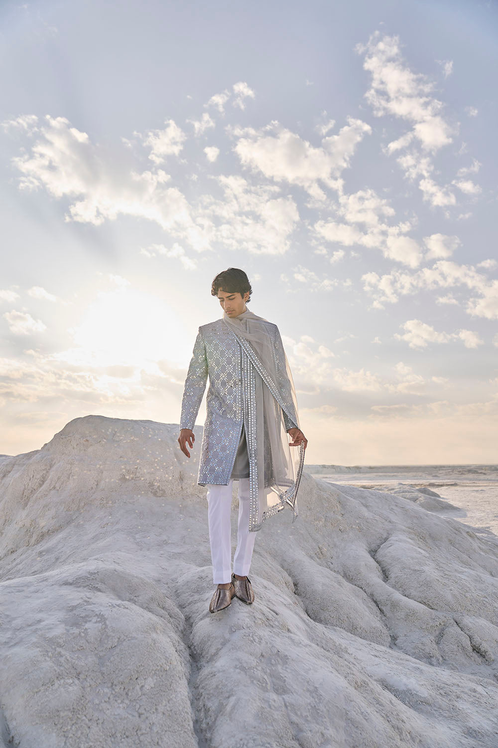 Metallic Grey Mirror Work Sherwani Set - Ready to Ship