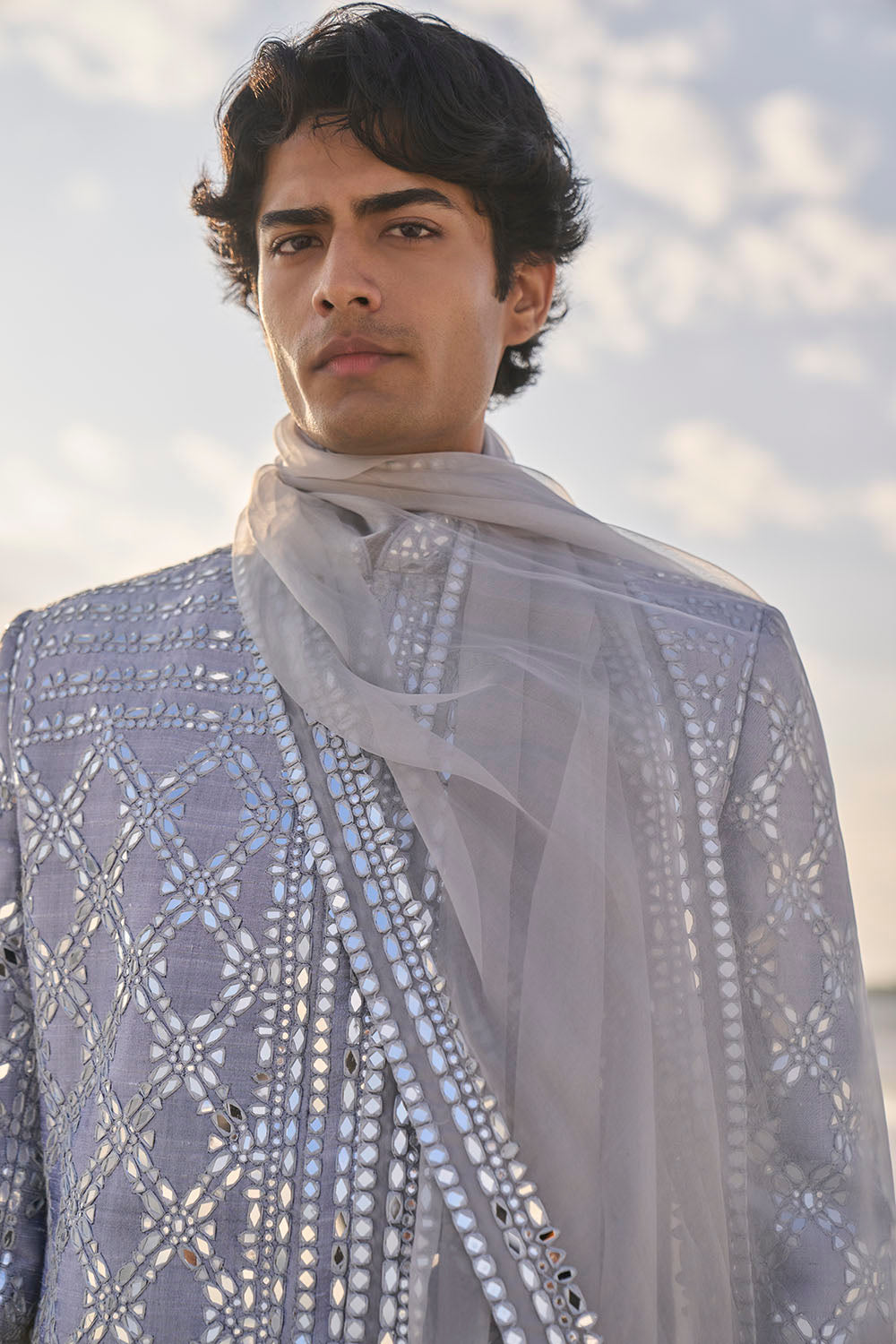 Metallic Grey Mirror Work Sherwani Set - Ready to Ship